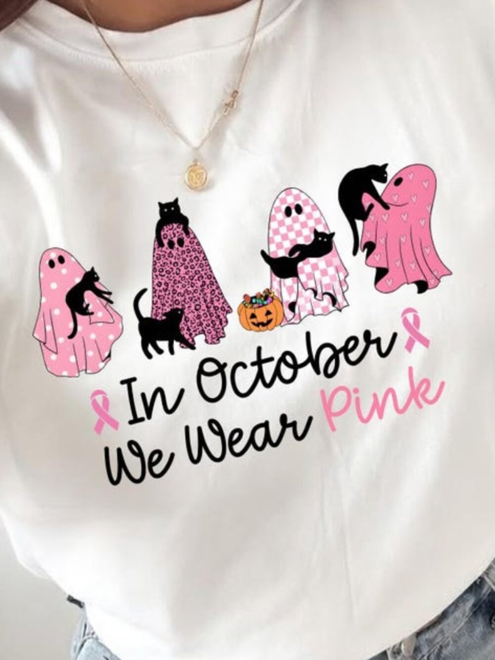 In October We Wear Pink Shirt, Halloween Ghost and Cats Tshirt - Picture 2 of 4